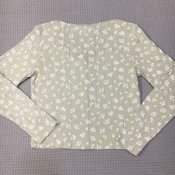 Pink Rose Shirt Large Sage Ditsy Floral Button up Crop Pointelle Y2K Boho - Picture 4 of 8